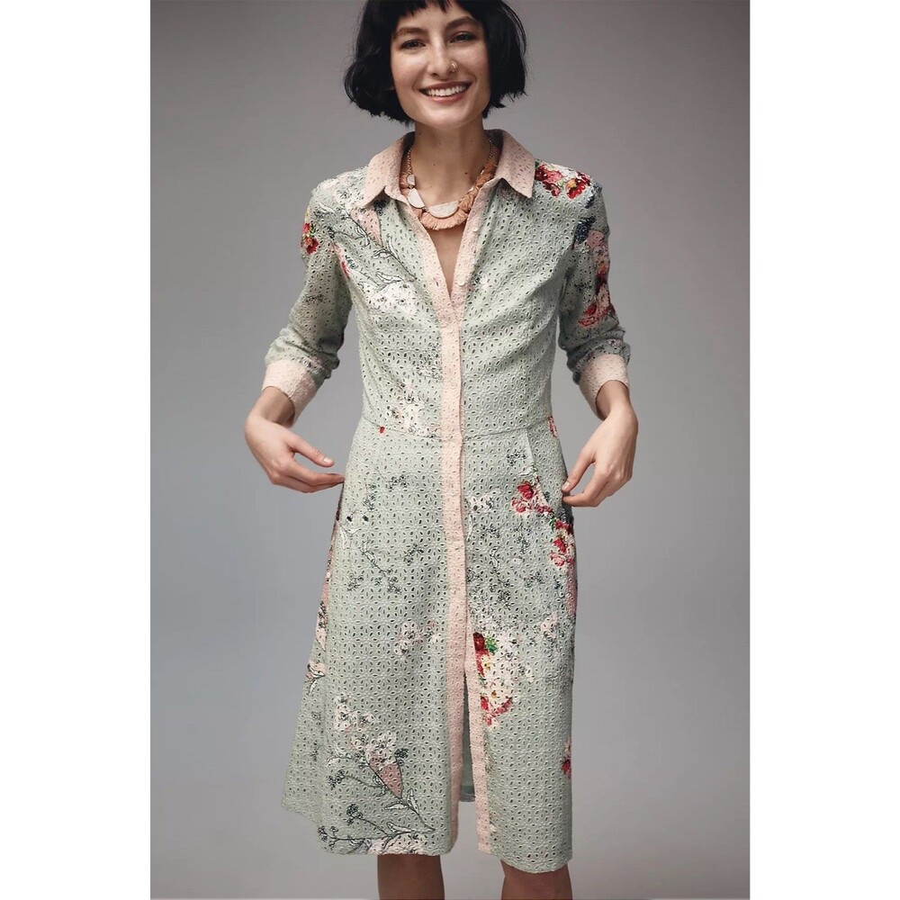 Varun Bahl Anthropologie Bloomed Eyelet Shirtdress Button Front Green Motif Sz 8